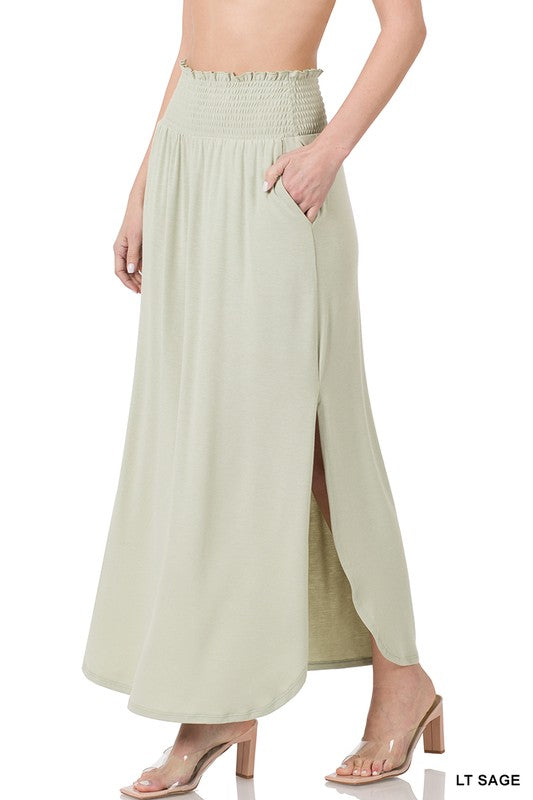 Zenana Smocked Waist Side Slit Maxi Skirt-ZENANA-[option4]-[option5]-[option6]-[option7]-[option8]-Shop-Boutique-Clothing-for-Women-Online