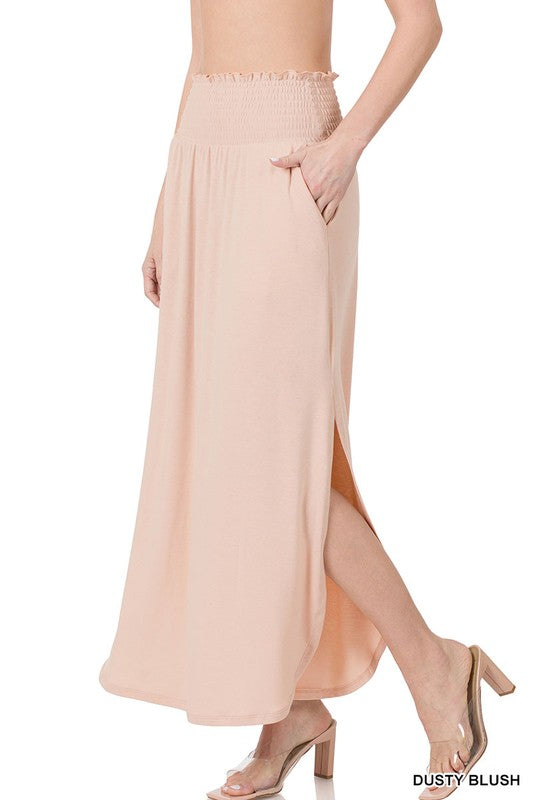 Zenana Smocked Waist Side Slit Maxi Skirt-ZENANA-[option4]-[option5]-[option6]-[option7]-[option8]-Shop-Boutique-Clothing-for-Women-Online