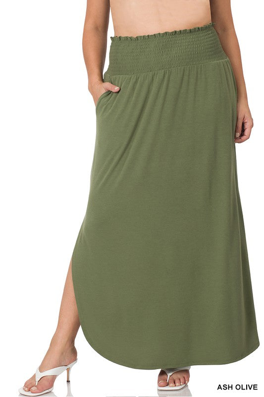 Zenana Plus Smocked Waist Side Slit Maxi Skirt-ZENANA-[option4]-[option5]-[option6]-[option7]-[option8]-Shop-Boutique-Clothing-for-Women-Online