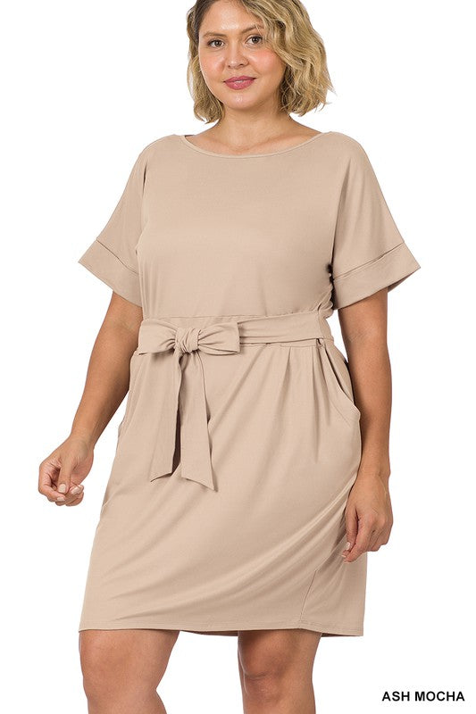 Zenana Plus Brushed DTY Tie-Belt Dress-ZENANA-ASH MOCHA-1X-[option4]-[option5]-[option6]-[option7]-[option8]-Shop-Boutique-Clothing-for-Women-Online