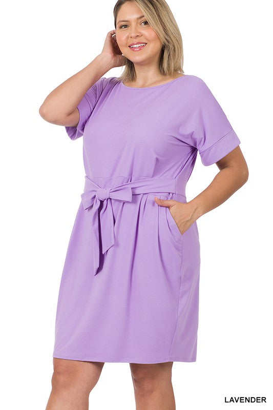 Zenana Plus Brushed DTY Tie-Belt Dress-ZENANA-LAVENDER-1X-[option4]-[option5]-[option6]-[option7]-[option8]-Shop-Boutique-Clothing-for-Women-Online