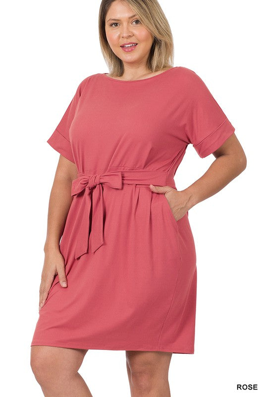 Zenana Plus Brushed DTY Tie-Belt Dress-ZENANA-ROSE-1X-[option4]-[option5]-[option6]-[option7]-[option8]-Shop-Boutique-Clothing-for-Women-Online