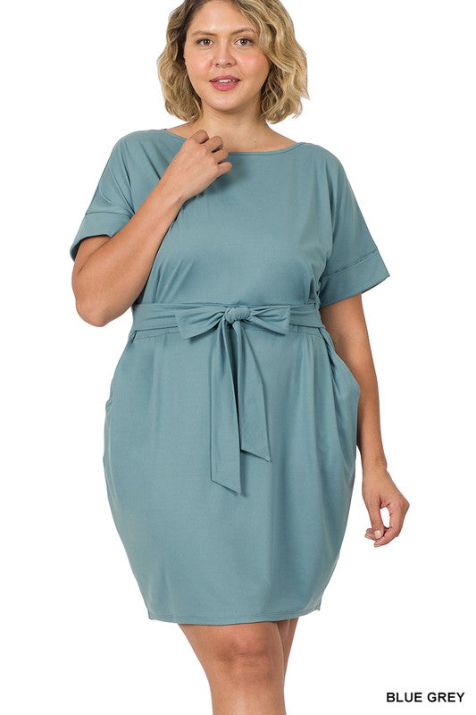 Zenana Plus Brushed DTY Tie-Belt Dress-ZENANA-BLUE GREY-1X-[option4]-[option5]-[option6]-[option7]-[option8]-Shop-Boutique-Clothing-for-Women-Online