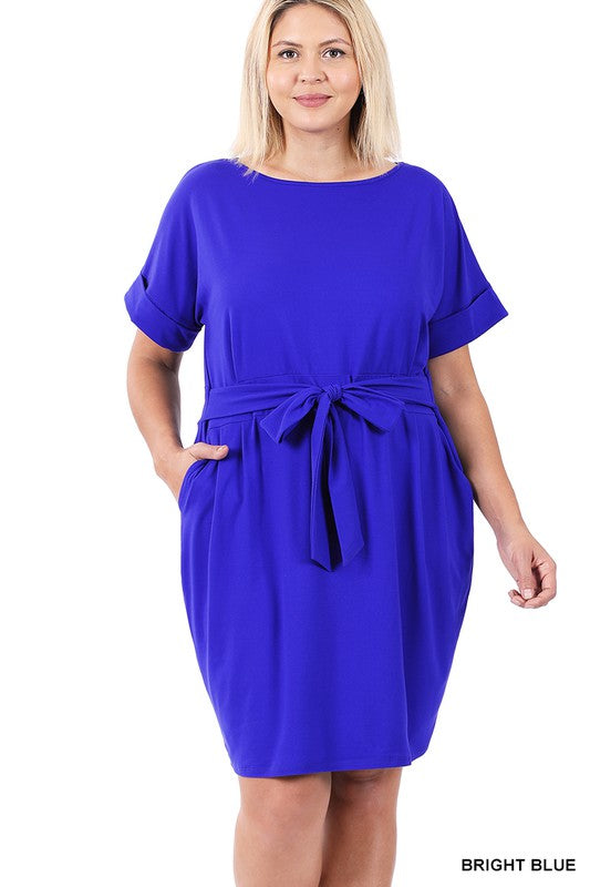 Zenana Plus Brushed DTY Tie-Belt Dress-ZENANA-BRIGHT BLUE-1X-[option4]-[option5]-[option6]-[option7]-[option8]-Shop-Boutique-Clothing-for-Women-Online