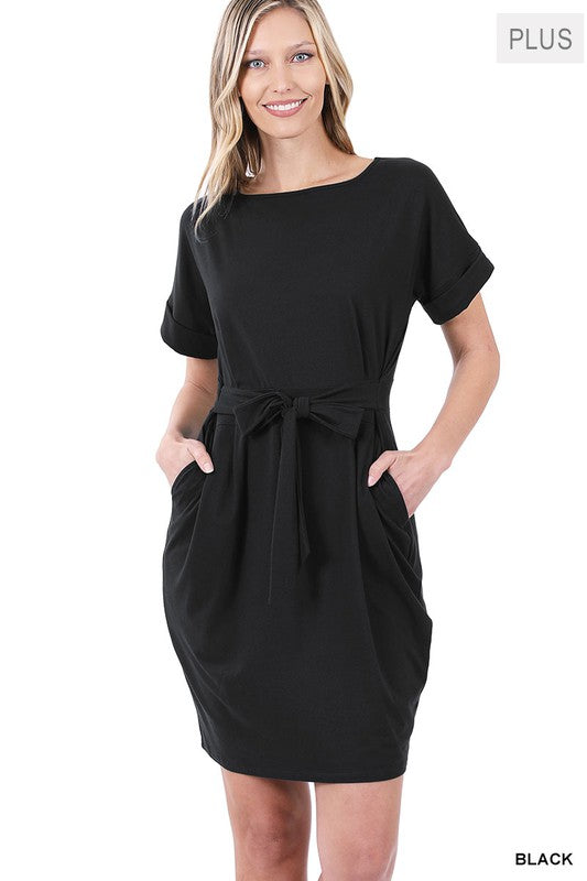 Zenana Plus Brushed DTY Tie-Belt Dress-ZENANA-BLACK-1X-[option4]-[option5]-[option6]-[option7]-[option8]-Shop-Boutique-Clothing-for-Women-Online