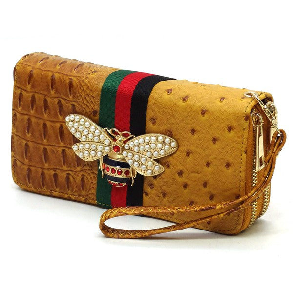 Queen Bee Stripe Ostrich Double Zip Around Wallet-Fashion World-[option4]-[option5]-[option6]-[option7]-[option8]-Shop-Boutique-Clothing-for-Women-Online
