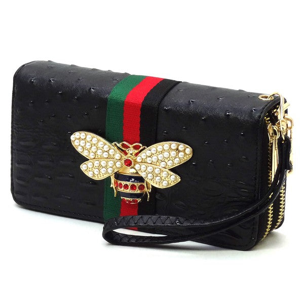 Queen Bee Stripe Ostrich Double Zip Around Wallet-Fashion World-[option4]-[option5]-[option6]-[option7]-[option8]-Shop-Boutique-Clothing-for-Women-Online