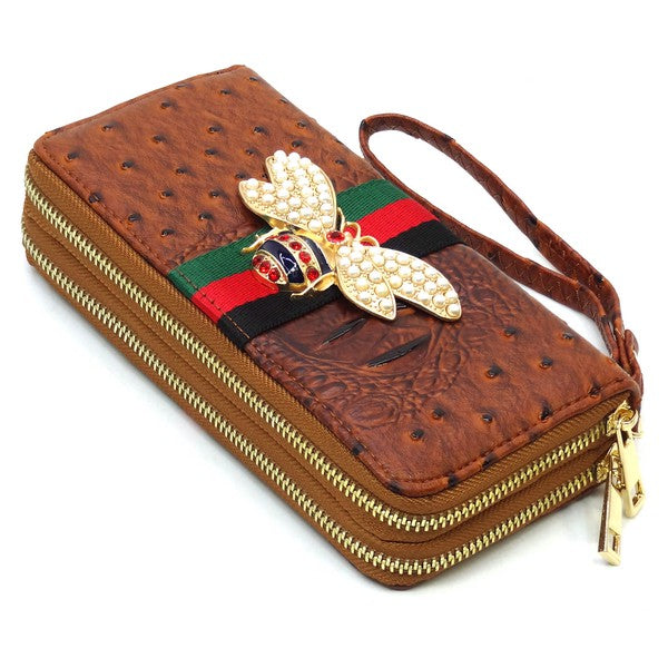 Queen Bee Stripe Ostrich Double Zip Around Wallet-Fashion World-[option4]-[option5]-[option6]-[option7]-[option8]-Shop-Boutique-Clothing-for-Women-Online