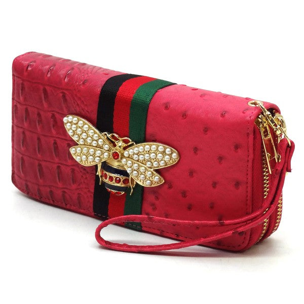 Queen Bee Stripe Ostrich Double Zip Around Wallet-Fashion World-[option4]-[option5]-[option6]-[option7]-[option8]-Shop-Boutique-Clothing-for-Women-Online