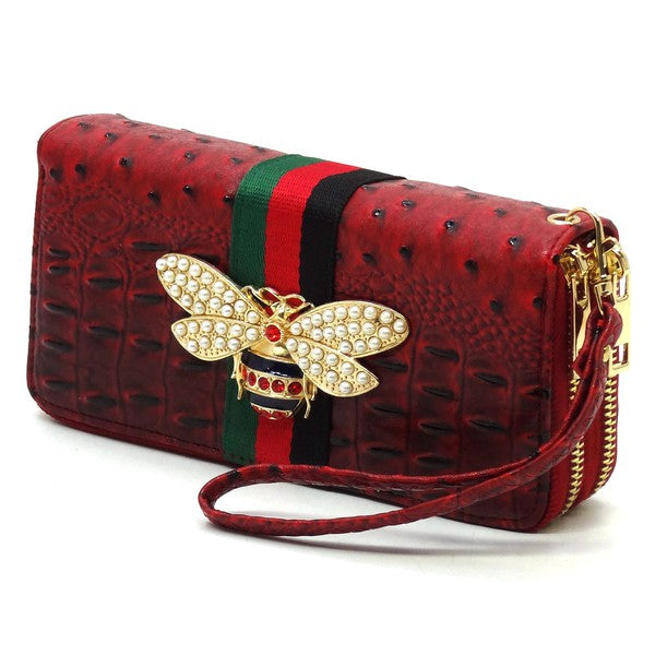 Queen Bee Stripe Ostrich Double Zip Around Wallet-Fashion World-[option4]-[option5]-[option6]-[option7]-[option8]-Shop-Boutique-Clothing-for-Women-Online