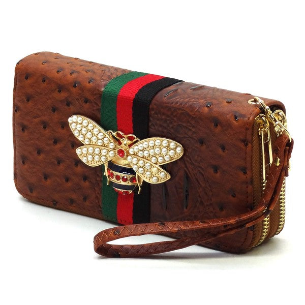 Queen Bee Stripe Ostrich Double Zip Around Wallet-Fashion World-[option4]-[option5]-[option6]-[option7]-[option8]-Shop-Boutique-Clothing-for-Women-Online
