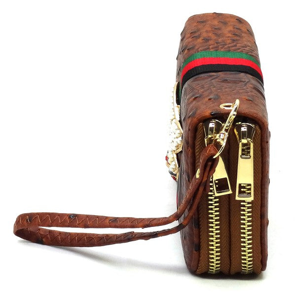Queen Bee Stripe Ostrich Double Zip Around Wallet-Fashion World-[option4]-[option5]-[option6]-[option7]-[option8]-Shop-Boutique-Clothing-for-Women-Online