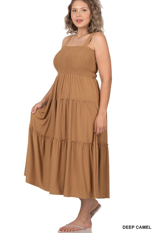 Zenana Plus Smocked Tiered Midi Dress-ZENANA-DEEP CAMEL-1X-[option4]-[option5]-[option6]-[option7]-[option8]-Shop-Boutique-Clothing-for-Women-Online