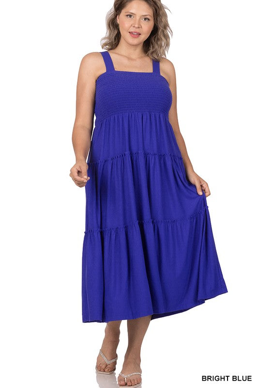 Zenana Plus Smocked Tiered Midi Dress-ZENANA-BRIGHT BLUE-1X-[option4]-[option5]-[option6]-[option7]-[option8]-Shop-Boutique-Clothing-for-Women-Online