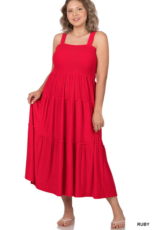 Zenana Plus Smocked Tiered Midi Dress-ZENANA-[option4]-[option5]-[option6]-[option7]-[option8]-Shop-Boutique-Clothing-for-Women-Online