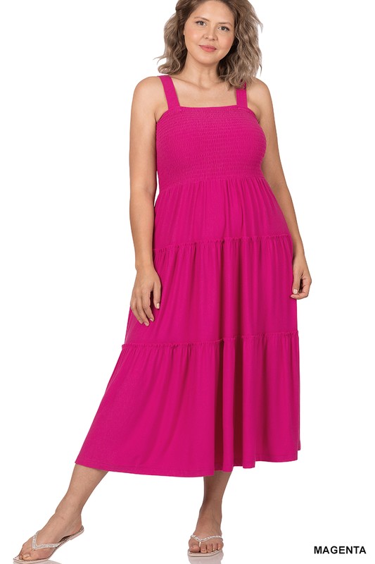 Zenana Plus Smocked Tiered Midi Dress-ZENANA-MAGENTA-1X-[option4]-[option5]-[option6]-[option7]-[option8]-Shop-Boutique-Clothing-for-Women-Online