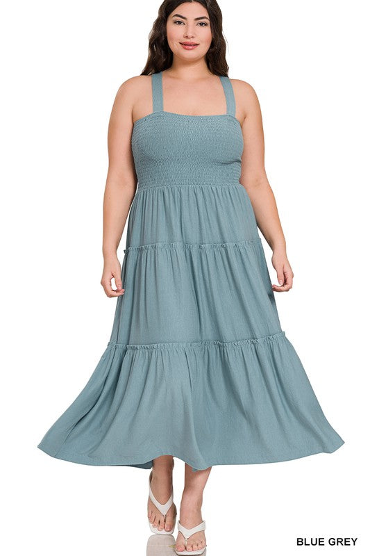 Zenana Plus Smocked Tiered Midi Dress-ZENANA-BLUE GREY-1X-[option4]-[option5]-[option6]-[option7]-[option8]-Shop-Boutique-Clothing-for-Women-Online