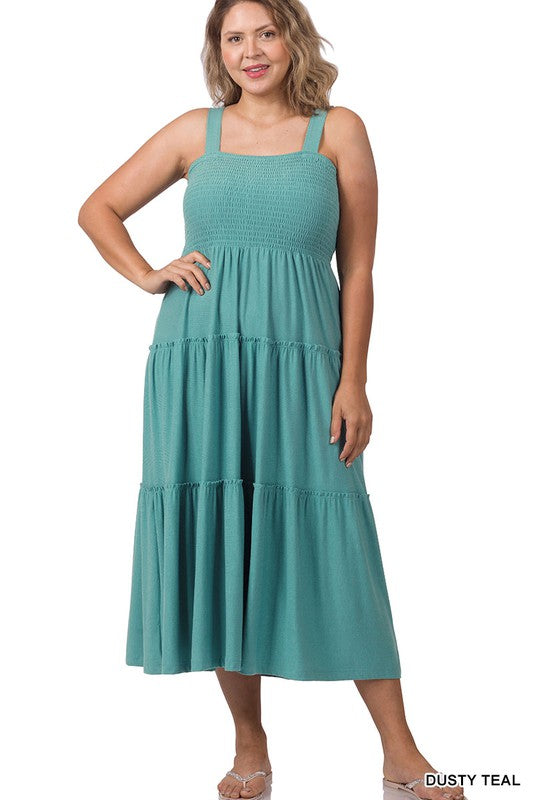Zenana Plus Smocked Tiered Midi Dress-ZENANA-DUSTY TEAL-1X-[option4]-[option5]-[option6]-[option7]-[option8]-Shop-Boutique-Clothing-for-Women-Online