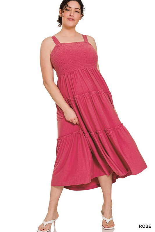 Zenana Plus Smocked Tiered Midi Dress-ZENANA-ROSE-1X-[option4]-[option5]-[option6]-[option7]-[option8]-Shop-Boutique-Clothing-for-Women-Online
