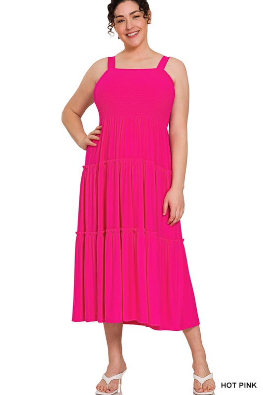 Zenana Plus Smocked Tiered Midi Dress-ZENANA-HOT PINK-2X-[option4]-[option5]-[option6]-[option7]-[option8]-Shop-Boutique-Clothing-for-Women-Online
