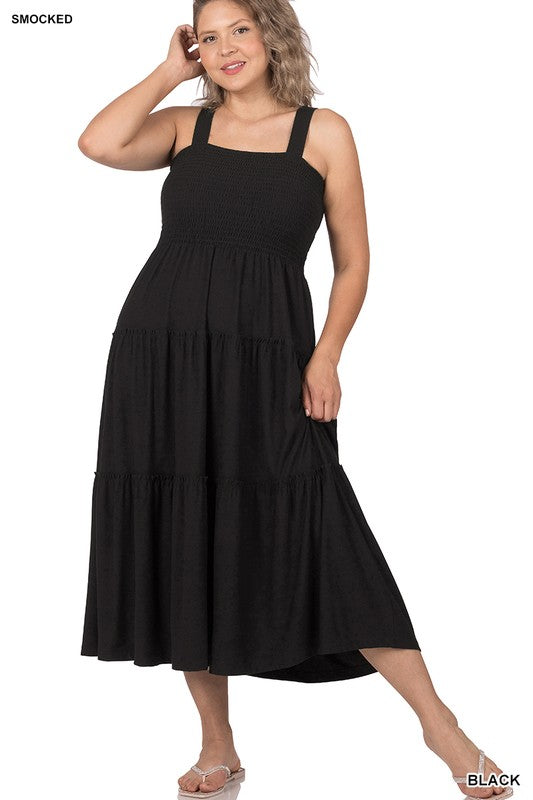 Zenana Plus Smocked Tiered Midi Dress-ZENANA-BLACK-1X-[option4]-[option5]-[option6]-[option7]-[option8]-Shop-Boutique-Clothing-for-Women-Online