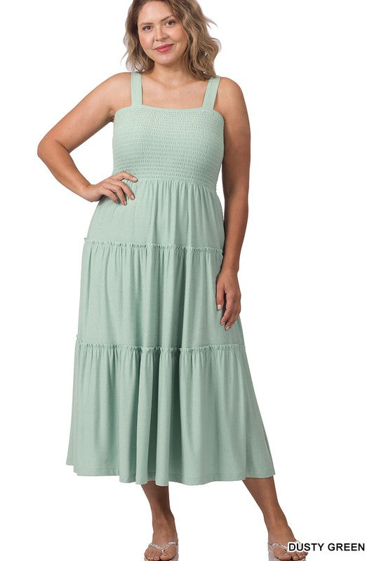 Zenana Plus Smocked Tiered Midi Dress-ZENANA-[option4]-[option5]-[option6]-[option7]-[option8]-Shop-Boutique-Clothing-for-Women-Online