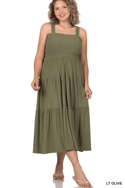 Zenana Plus Smocked Tiered Midi Dress-ZENANA-LT OLIVE-1X-[option4]-[option5]-[option6]-[option7]-[option8]-Shop-Boutique-Clothing-for-Women-Online