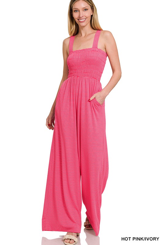 Zenana Smocked Top Striped Jumpsuit-ZENANA-HOT PINK/IVORY-S-[option4]-[option5]-[option6]-[option7]-[option8]-Shop-Boutique-Clothing-for-Women-Online
