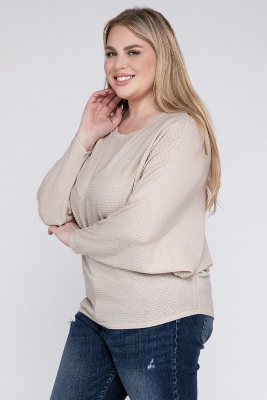 Zenana Plus Ribbed Batwing Long Sleeve Boat Neck Sweater-ZENANA-[option4]-[option5]-[option6]-[option7]-[option8]-Shop-Boutique-Clothing-for-Women-Online