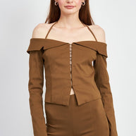 SPAGHETTI STRAP OFF SHOURLDER TOP-Emory Park-BROWN-S-[option4]-[option5]-[option6]-[option7]-[option8]-Shop-Boutique-Clothing-for-Women-Online