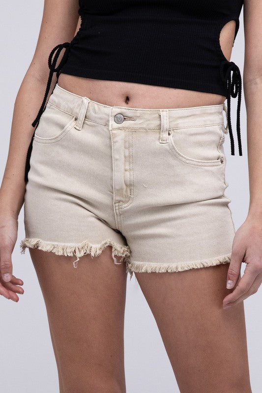 Zenana Acid Washed Frayed Cutoff Hem Shorts-ZENANA-SAND BEIGE-L-[option4]-[option5]-[option6]-[option7]-[option8]-Shop-Boutique-Clothing-for-Women-Online