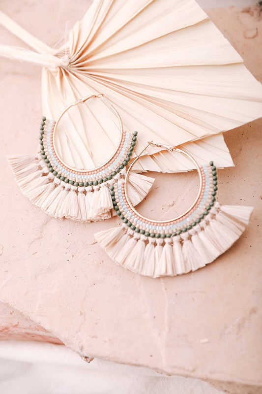 Natural Bead and Raffia Fan Hoop Earrings-Leto Accessories-[option4]-[option5]-[option6]-[option7]-[option8]-Shop-Boutique-Clothing-for-Women-Online