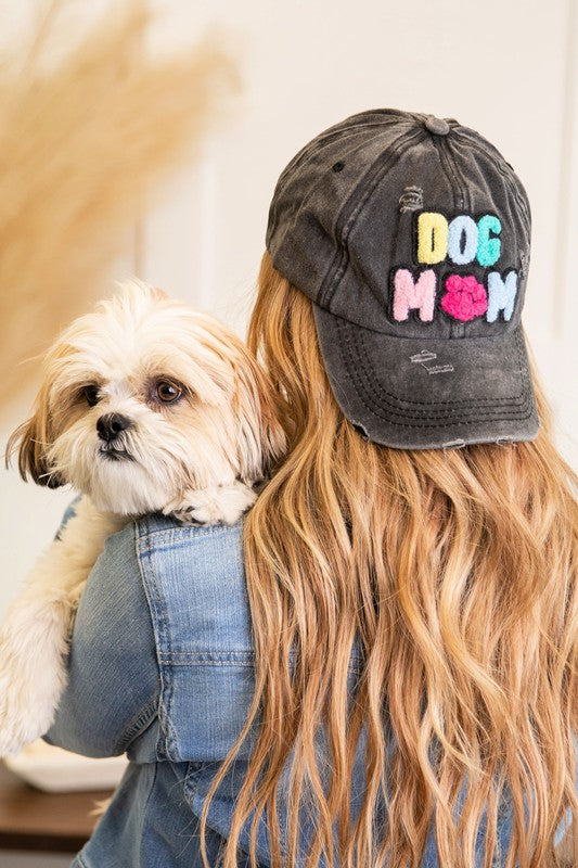 Dog Mom Chenille Patch Distressed Hat Cap-Dani & Em-One Color-1-[option4]-[option5]-[option6]-[option7]-[option8]-Shop-Boutique-Clothing-for-Women-Online