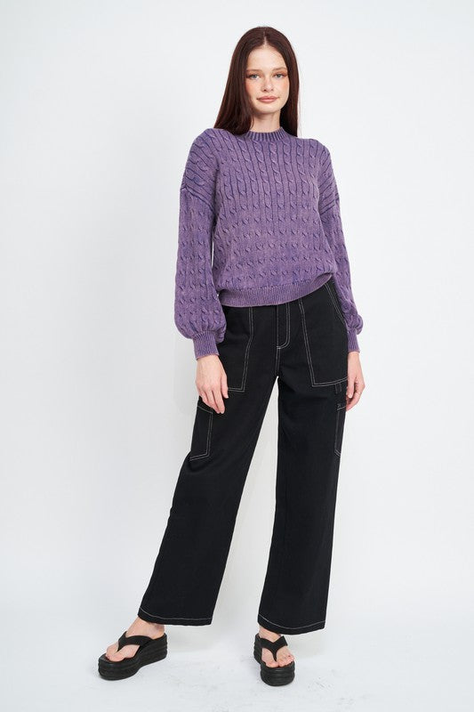 CABLE KNIT TOP WITH BUBBLE SLEEVES-Emory Park-[option4]-[option5]-[option6]-[option7]-[option8]-Shop-Boutique-Clothing-for-Women-Online