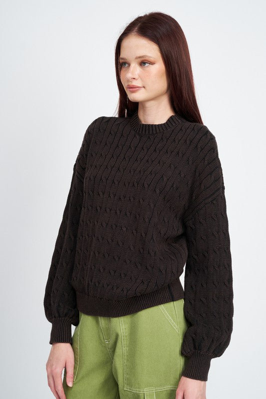 CABLE KNIT TOP WITH BUBBLE SLEEVES-Emory Park-[option4]-[option5]-[option6]-[option7]-[option8]-Shop-Boutique-Clothing-for-Women-Online