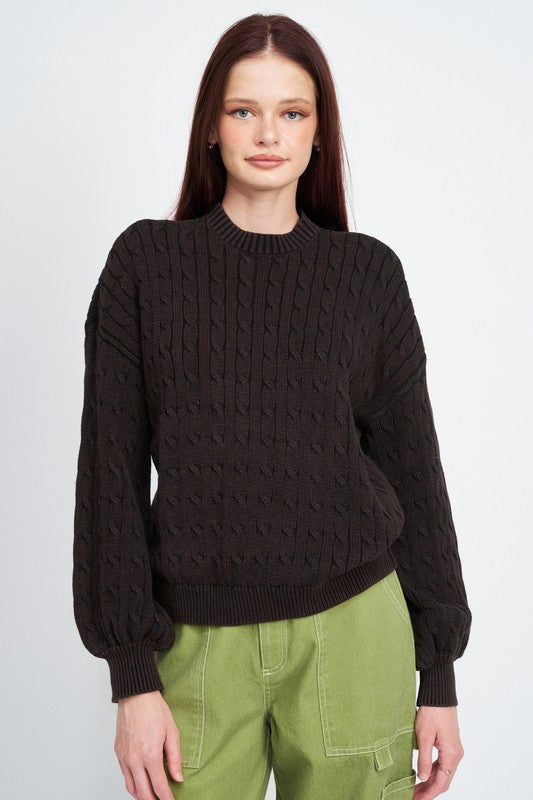 CABLE KNIT TOP WITH BUBBLE SLEEVES-Emory Park-[option4]-[option5]-[option6]-[option7]-[option8]-Shop-Boutique-Clothing-for-Women-Online