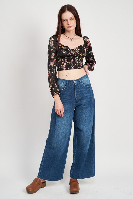 FLORAL CROPPED TOP WITH SMOCKING-Emory Park-[option4]-[option5]-[option6]-[option7]-[option8]-Shop-Boutique-Clothing-for-Women-Online