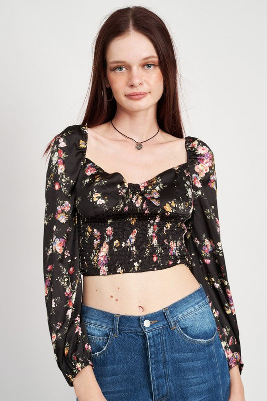 FLORAL CROPPED TOP WITH SMOCKING-Emory Park-BLACK FLORAL-S-[option4]-[option5]-[option6]-[option7]-[option8]-Shop-Boutique-Clothing-for-Women-Online