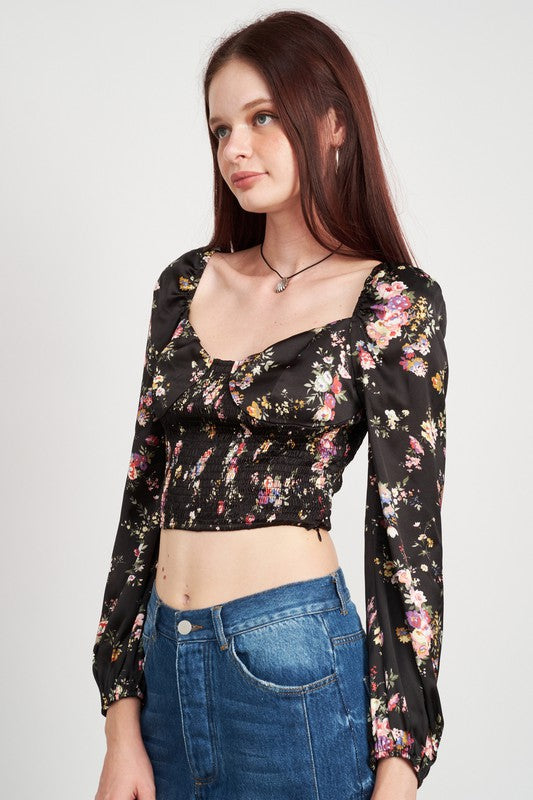 FLORAL CROPPED TOP WITH SMOCKING-Emory Park-[option4]-[option5]-[option6]-[option7]-[option8]-Shop-Boutique-Clothing-for-Women-Online