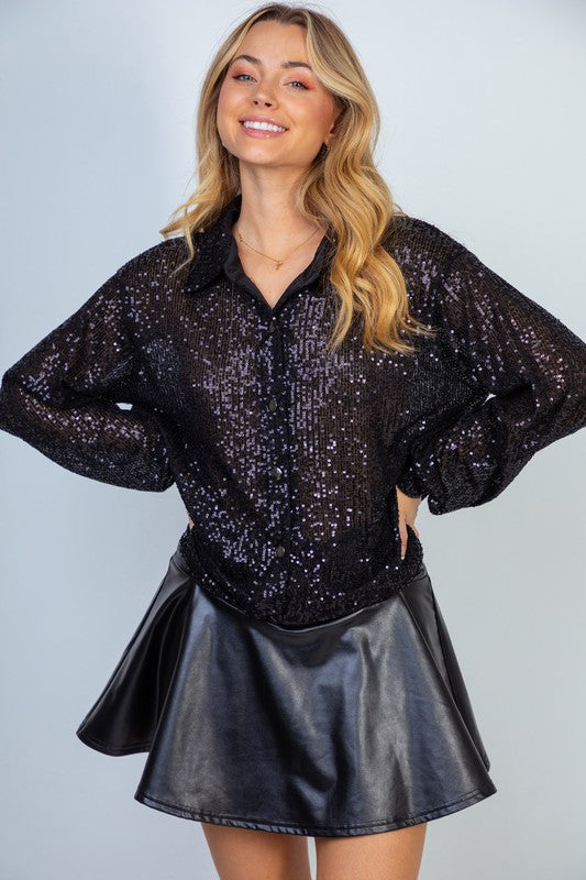 Sequin Mesh Knit Button Down Top in Black-Womens-Ave Shops-[option4]-[option5]-[option6]-[option7]-[option8]-Shop-Boutique-Clothing-for-Women-Online