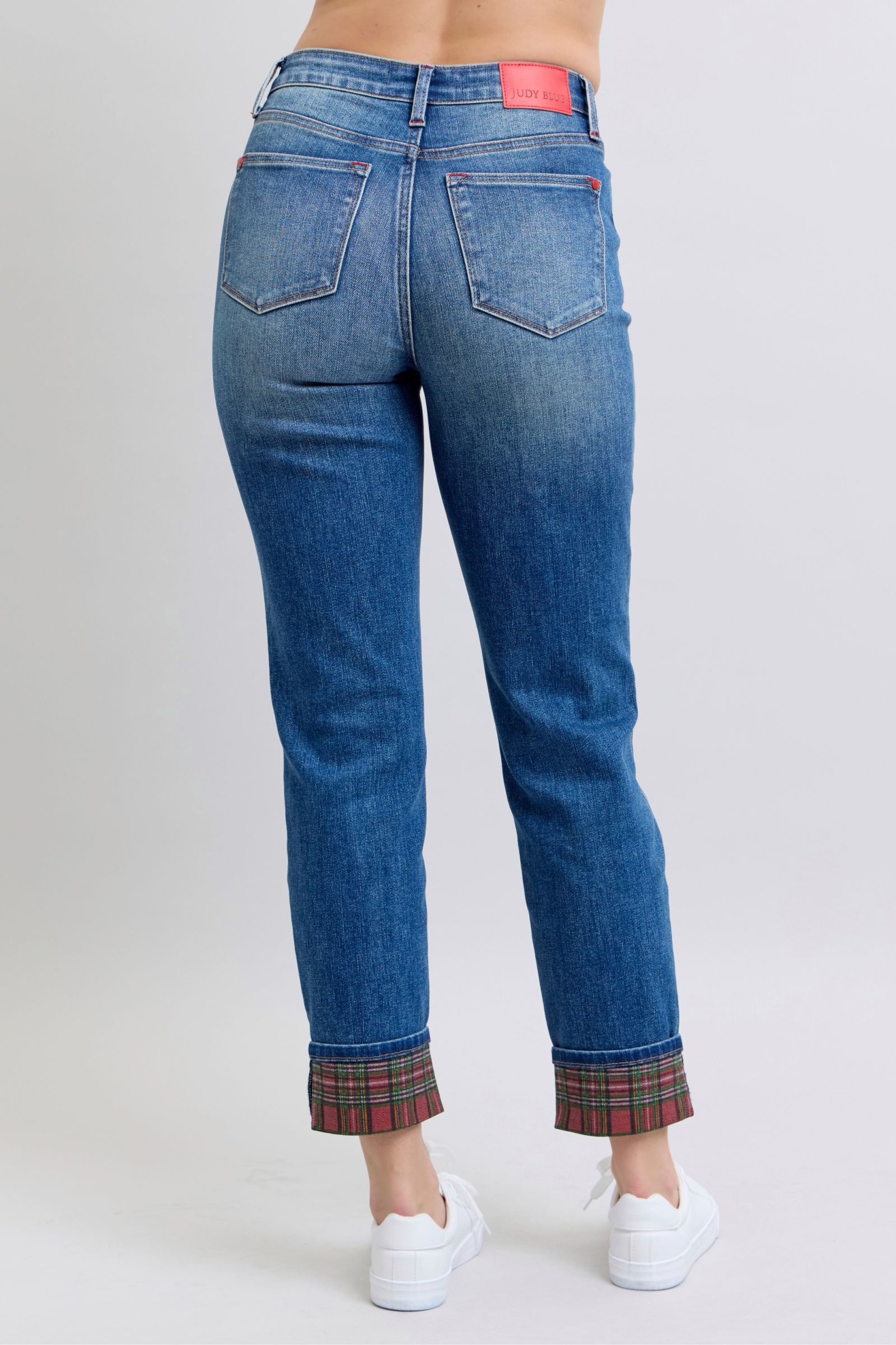 Judy Blue Plaid Print Cuff Boyfriend Fit Jeans-Trendsi-[option4]-[option5]-[option6]-[option7]-[option8]-Shop-Boutique-Clothing-for-Women-Online