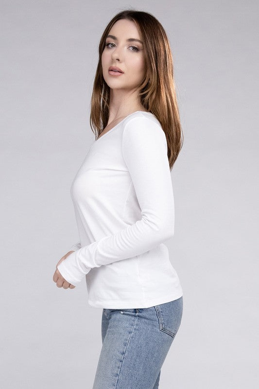 Zenana Cotton V-Neck Long Sleeve T-Shirt-ZENANA-[option4]-[option5]-[option6]-[option7]-[option8]-Shop-Boutique-Clothing-for-Women-Online