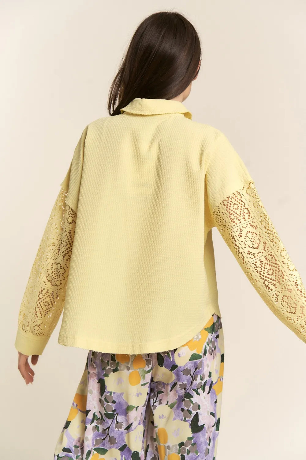 J.NNA Button Down Lace Long Sleeve Waffle Shirt-Blouses-Trendsi-[option4]-[option5]-[option6]-[option7]-[option8]-Shop-Boutique-Clothing-for-Women-Online
