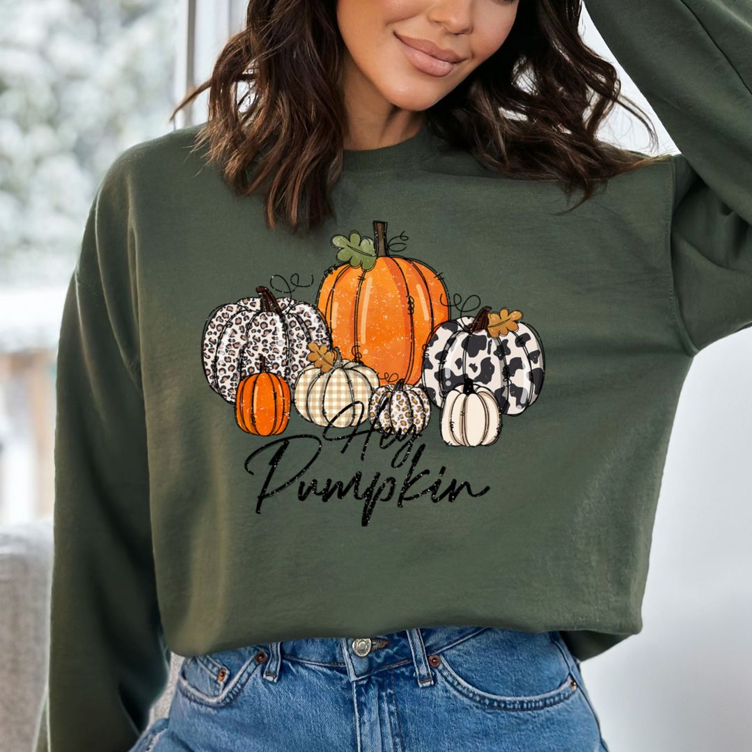 Hey Pumpkin Graphic Sweatshirt-Graphic Sweatshirt-Tea Shirt Shoppe-S-Military Green-[option4]-[option5]-[option6]-[option7]-[option8]-Shop-Boutique-Clothing-for-Women-Online