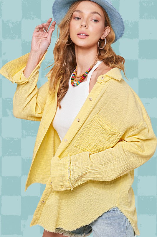 Soft Washed Crinkled Gauze Button Down Shirt-La Miel-LEMON-S-[option4]-[option5]-[option6]-[option7]-[option8]-Shop-Boutique-Clothing-for-Women-Online