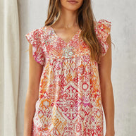 Babydoll Print Top with Floral Embroidery-Tops-Ave Shops-[option4]-[option5]-[option6]-[option7]-[option8]-Shop-Boutique-Clothing-for-Women-Online