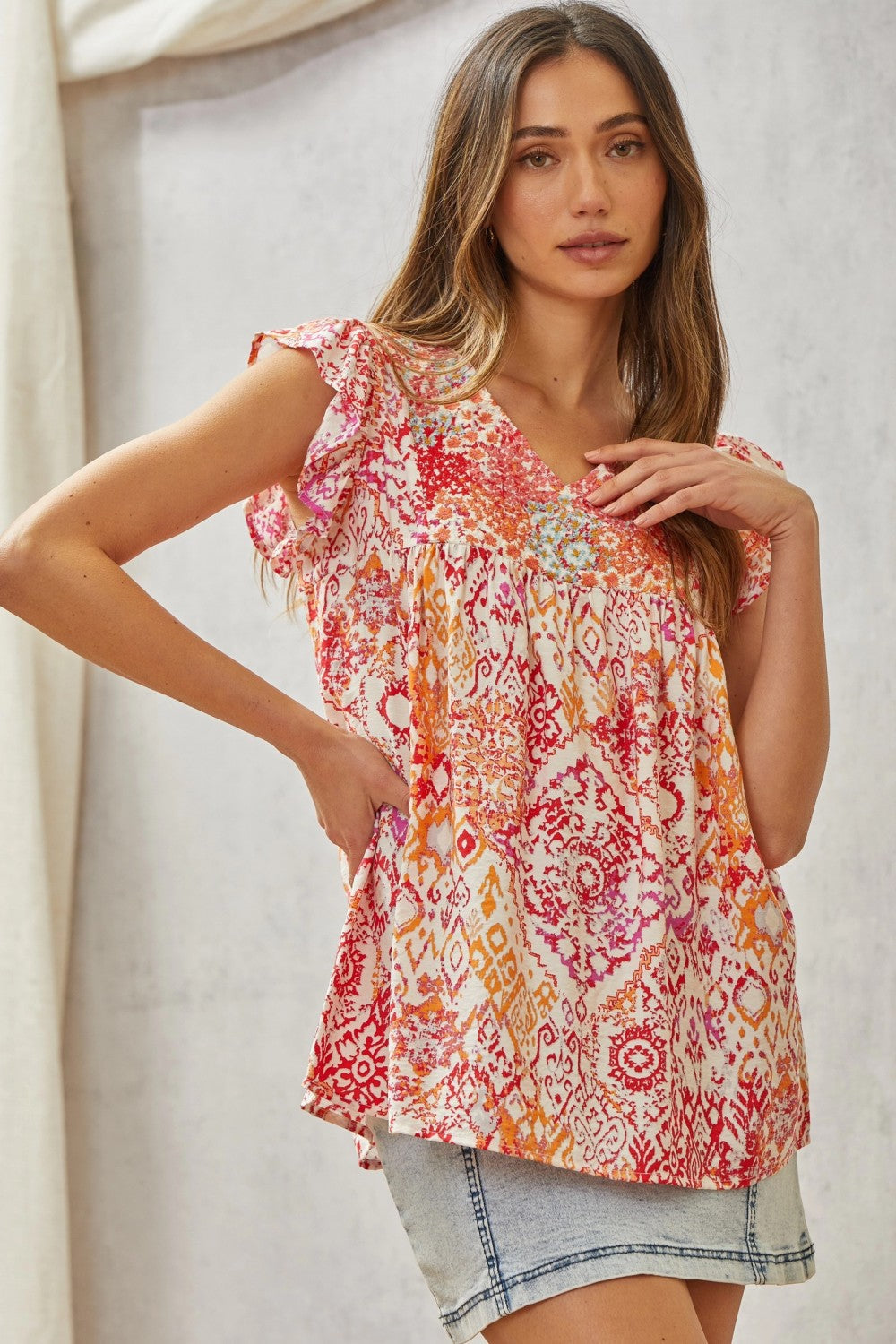 Babydoll Print Top with Floral Embroidery-Tops-Ave Shops-[option4]-[option5]-[option6]-[option7]-[option8]-Shop-Boutique-Clothing-for-Women-Online