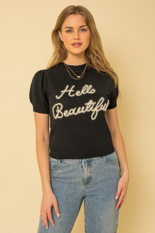 Gilli Hello Beautiful Short Sleeve Sweater Top-Gilli-Black-S-[option4]-[option5]-[option6]-[option7]-[option8]-Shop-Boutique-Clothing-for-Women-Online