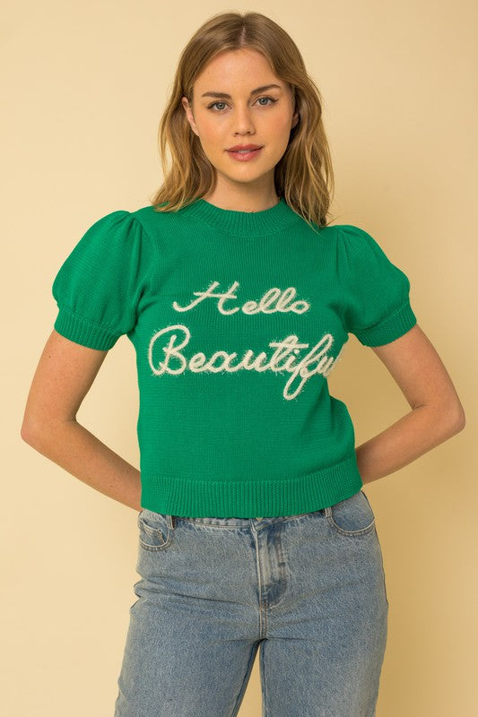 Gilli Hello Beautiful Short Sleeve Sweater Top-Gilli-Green-S-[option4]-[option5]-[option6]-[option7]-[option8]-Shop-Boutique-Clothing-for-Women-Online