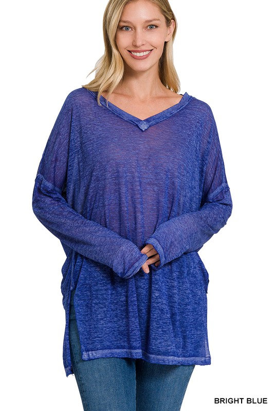 Zenana Melange Burnout Dolman Sleeve V-Neck Top-ZENANA-BRIGHT BLUE-S-[option4]-[option5]-[option6]-[option7]-[option8]-Shop-Boutique-Clothing-for-Women-Online